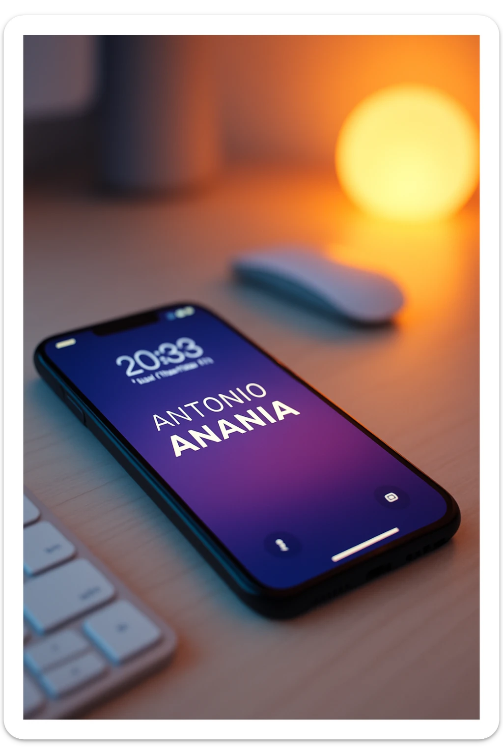 A photo of an iPhone on the desk with the message "Antonio Anania" on its screen, The phone sits atop a desk with a blurred background that suggests work environment. A faint glow from above casts gentle shadows across the surface of each object, creating depth and highlighting their textures sticker