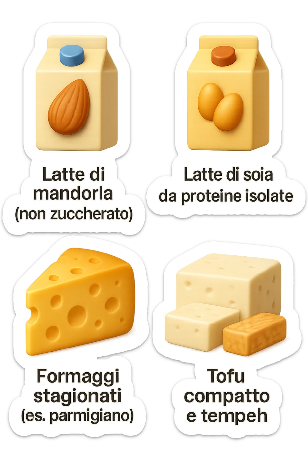 emoji stile iphone 3d di Latte e yogurt delattosati in italiano
Latte di mandorla (non zuccherato)
Latte di soia da proteine isolate
Formaggi stagionati (es. parmigiano)
Tofu compatto e tempeh
 che fluttuano in aria, iperealistico 4k sticker