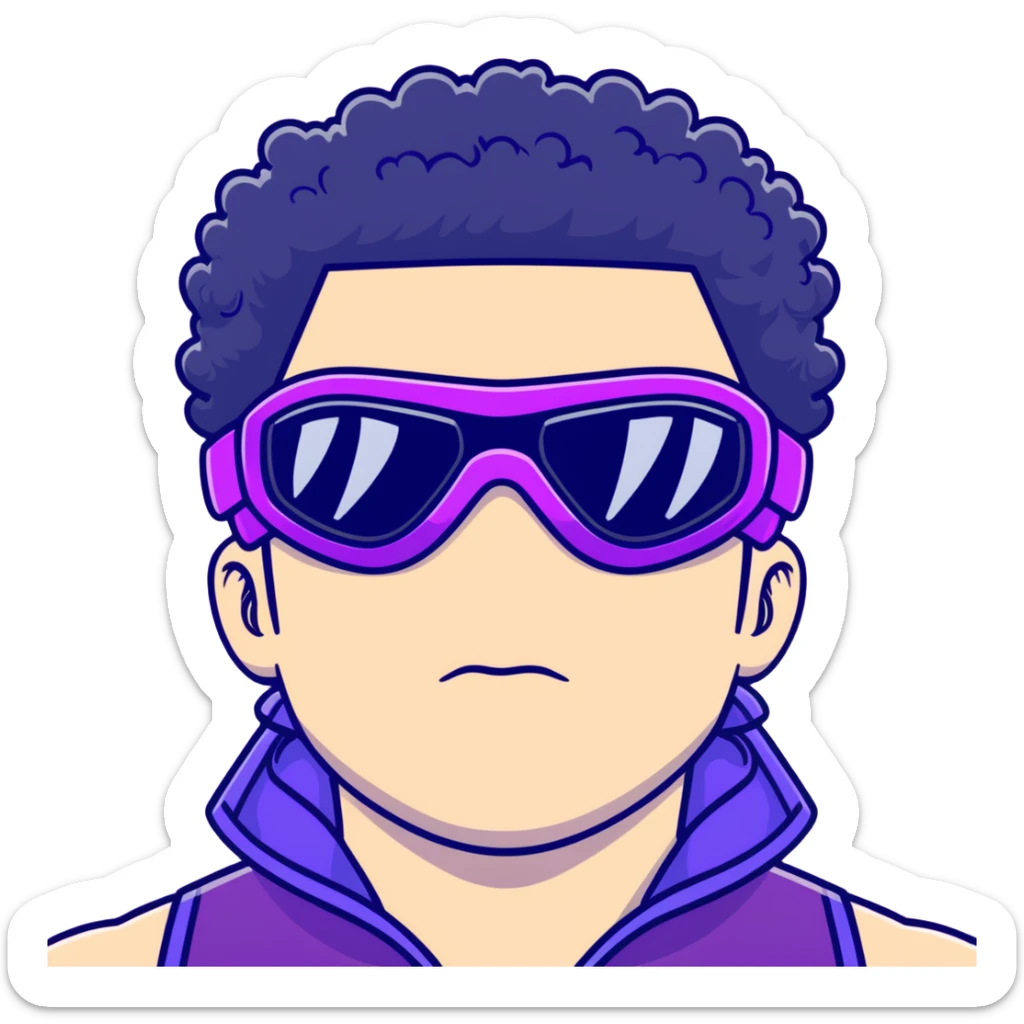 male athlete with white skin and moderately curly black hair on top with shaved sides, wearing ski goggles with purple frames and very dark black lenses, a simple plain black chain necklace, and an open shiny purple vest showing his chest and abs, no earrings sticker