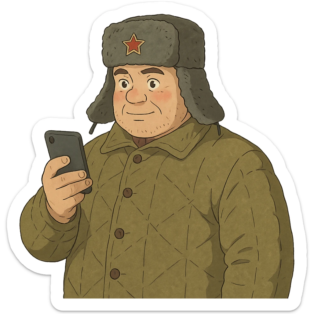 ghibli style illustration of a Russian military blogger in ushanka and vatnik, holding a phone sticker