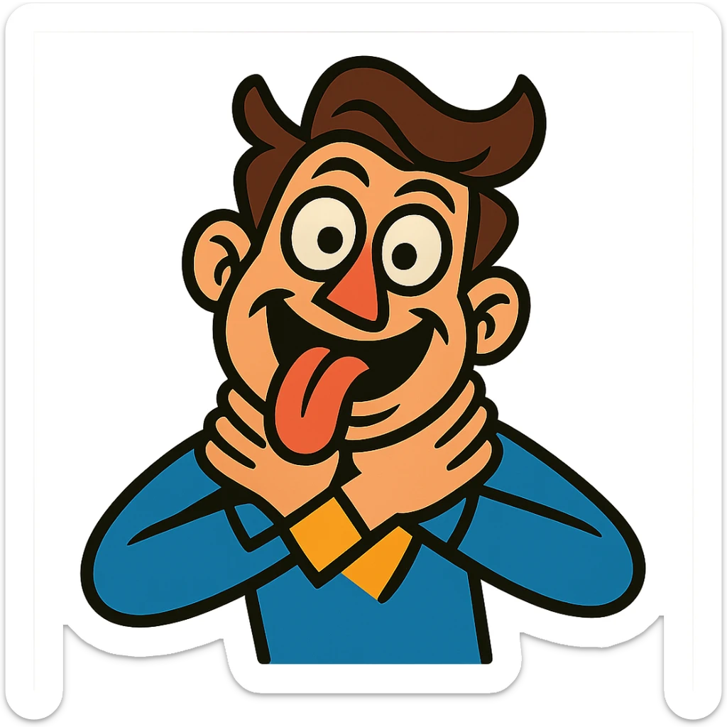 exaggerated slapstick person with crossed eyes, tongue out, hands on neck, comic style, playful and humorous sticker