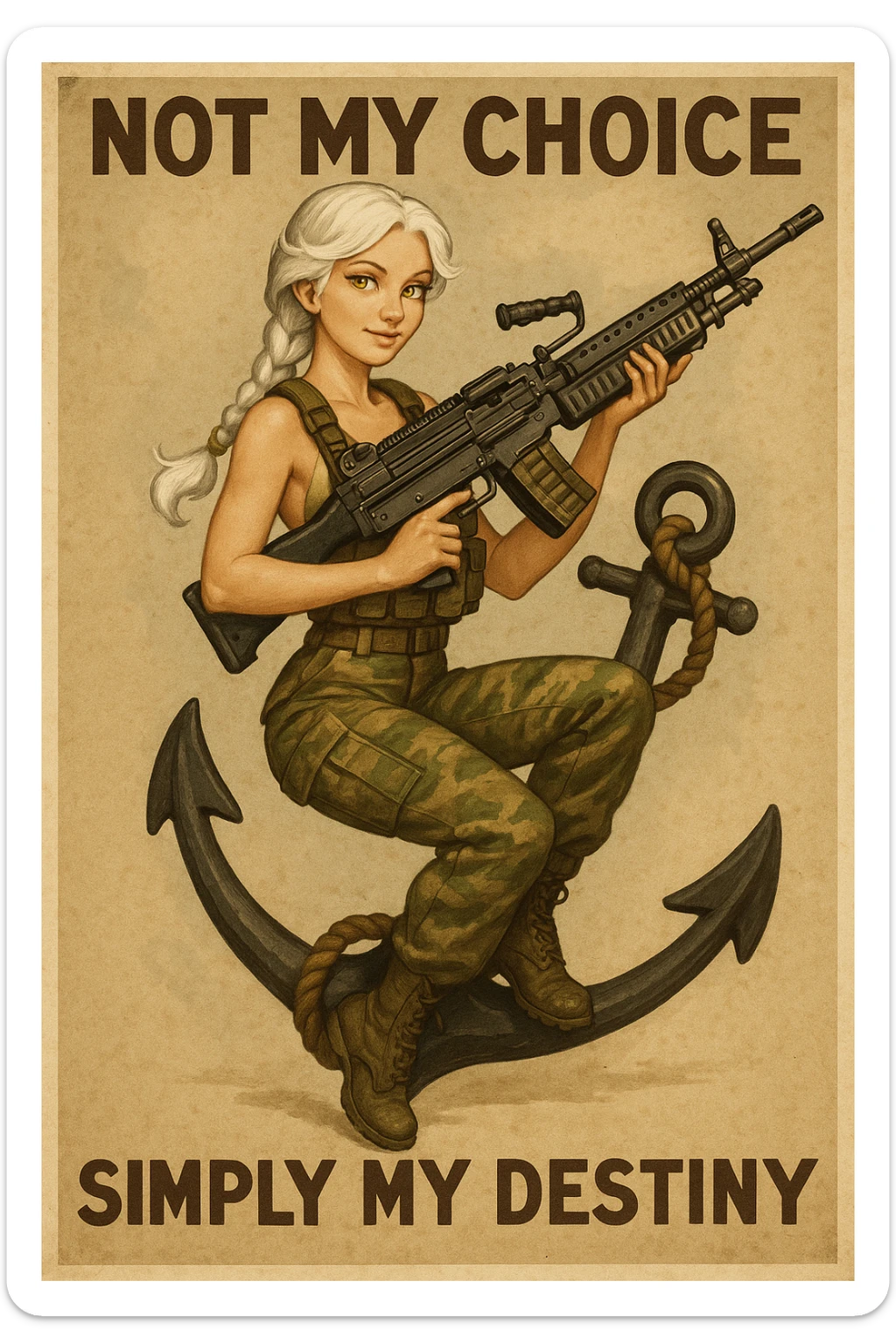 a retro military pinup " not my choice, simply my destiny "
; female figure young,gorgeous, white hair 1 braid, gold yellow eyes, riding side-saddle on a massive anchor , with a massive LMG 249,  wearing a swimsuit and bdu bottom with plate-carrier sticker
