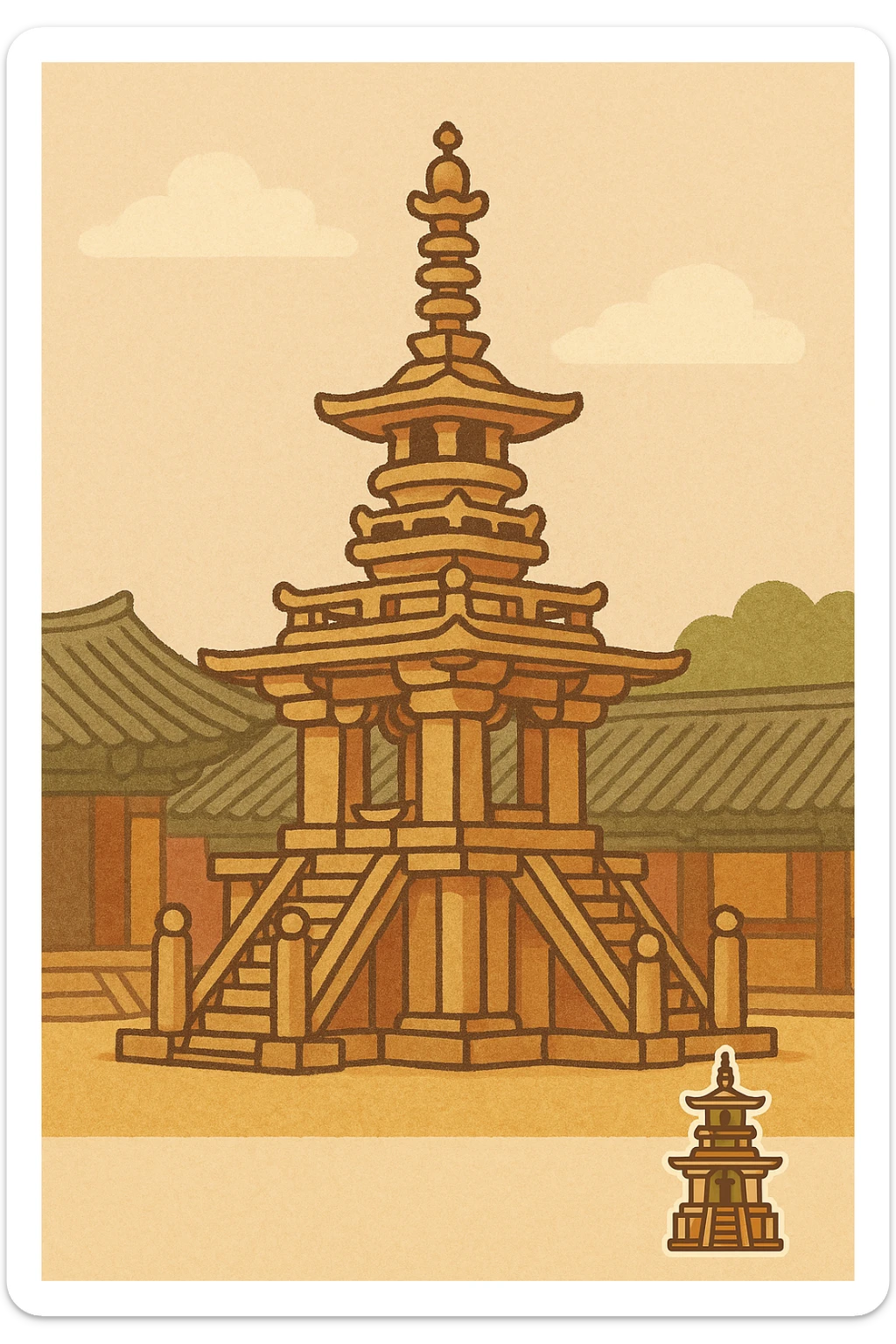 symbolic emoji of Bulguksa Dabotap pagoda, delicate stone pagoda structure and stairs, traditional Korean temple atmosphere, simple and recognizable form, bright and warm colors sticker