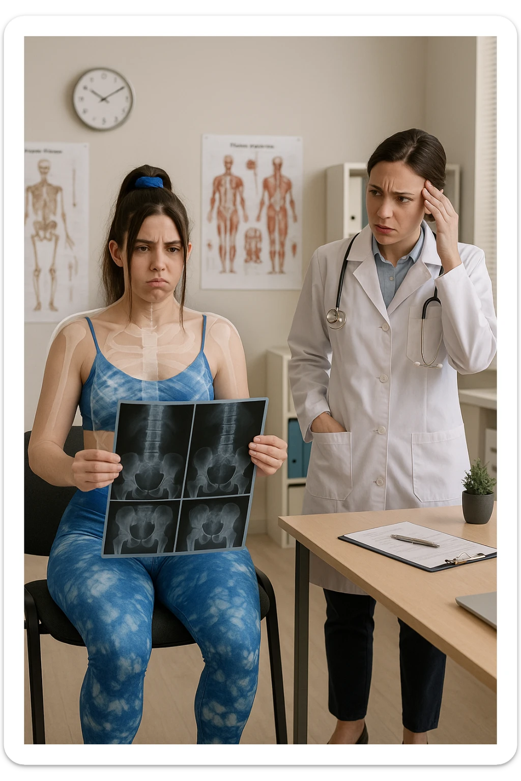 a person sits in a doctor’s office, holding medical imaging results (like X-rays or MRI scans) that appear normal. However, a subtle shadow or ghosted outline around their body reveals postural asymmetries—such as uneven shoulders or hips—that are not visible in the scans. The doctor looks puzzled, while the patient appears frustrated. sticker