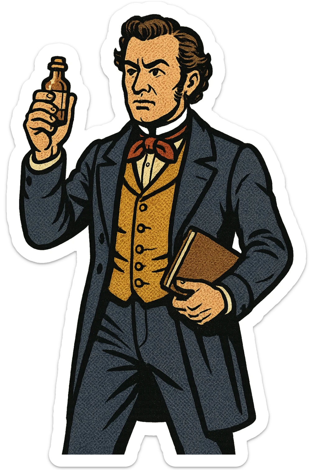 The full body of a male English surgeon from the 1800s holding a small bottle of medicine and a note book sticker