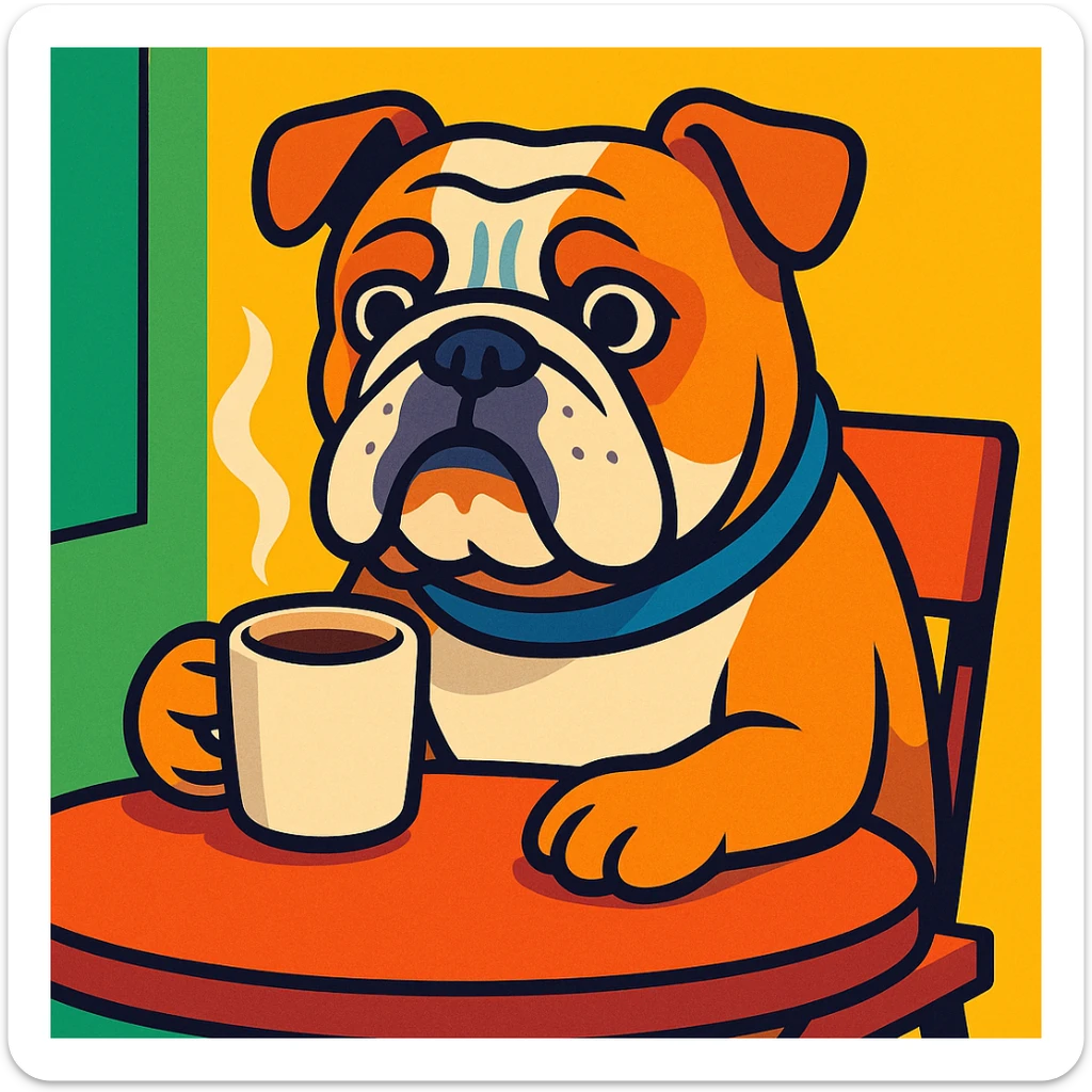English Bulldog waiting at a table, sipping coffee, vibrant cartoon style sticker