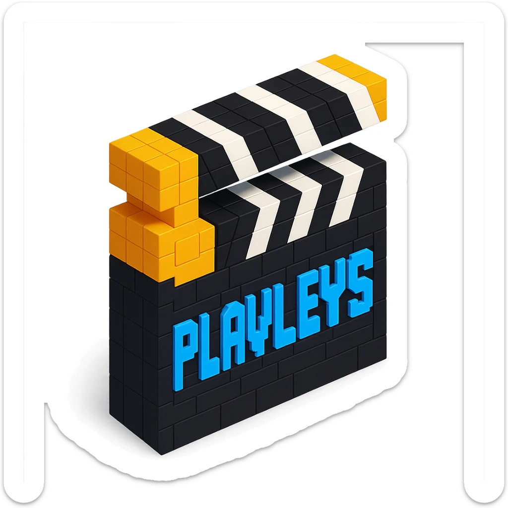 voxel style movie clapperboard with the text 'PLAVLEYS', gold lid, black and white stripes, isometric view sticker