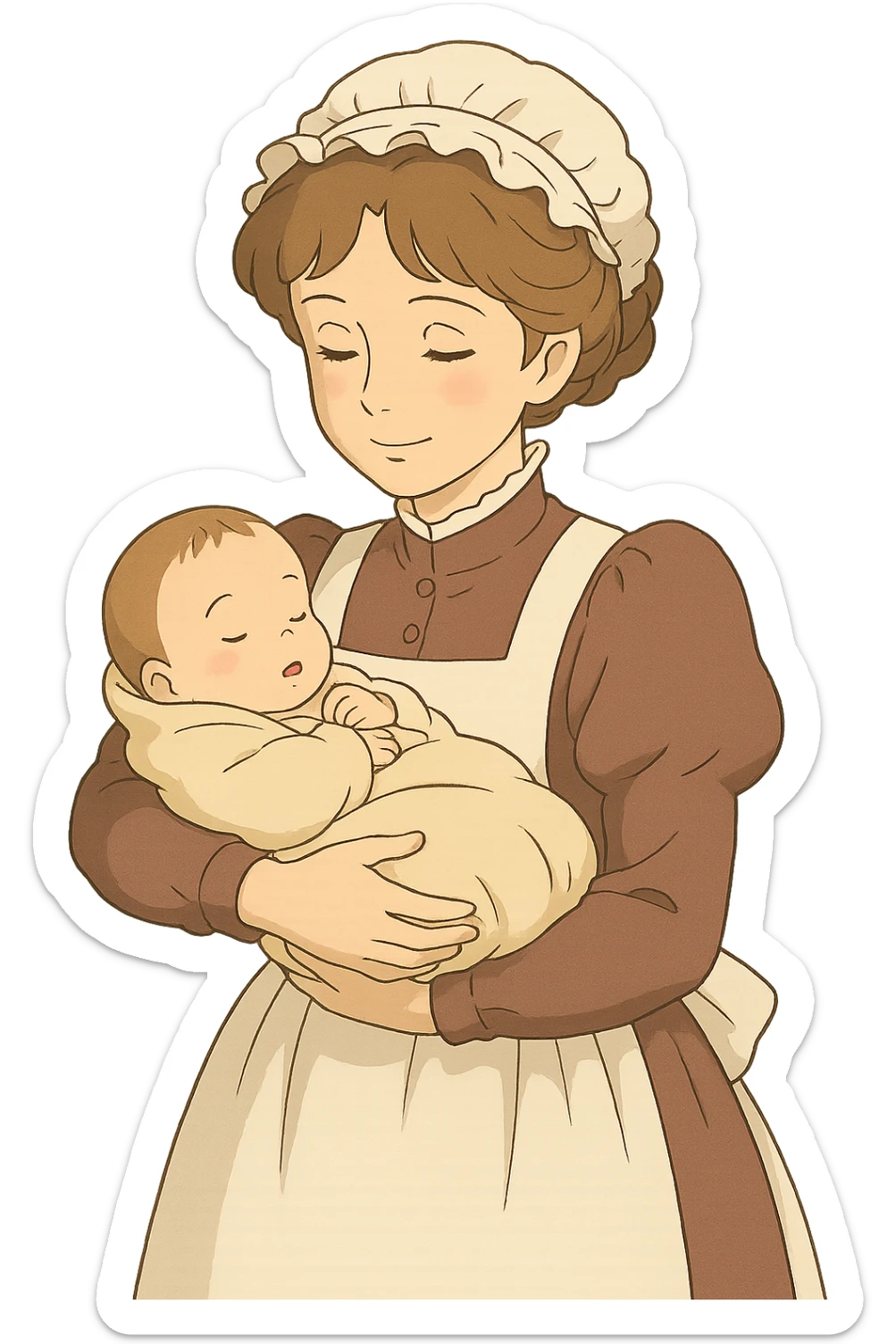 victorian midwife holding a baby with background sticker