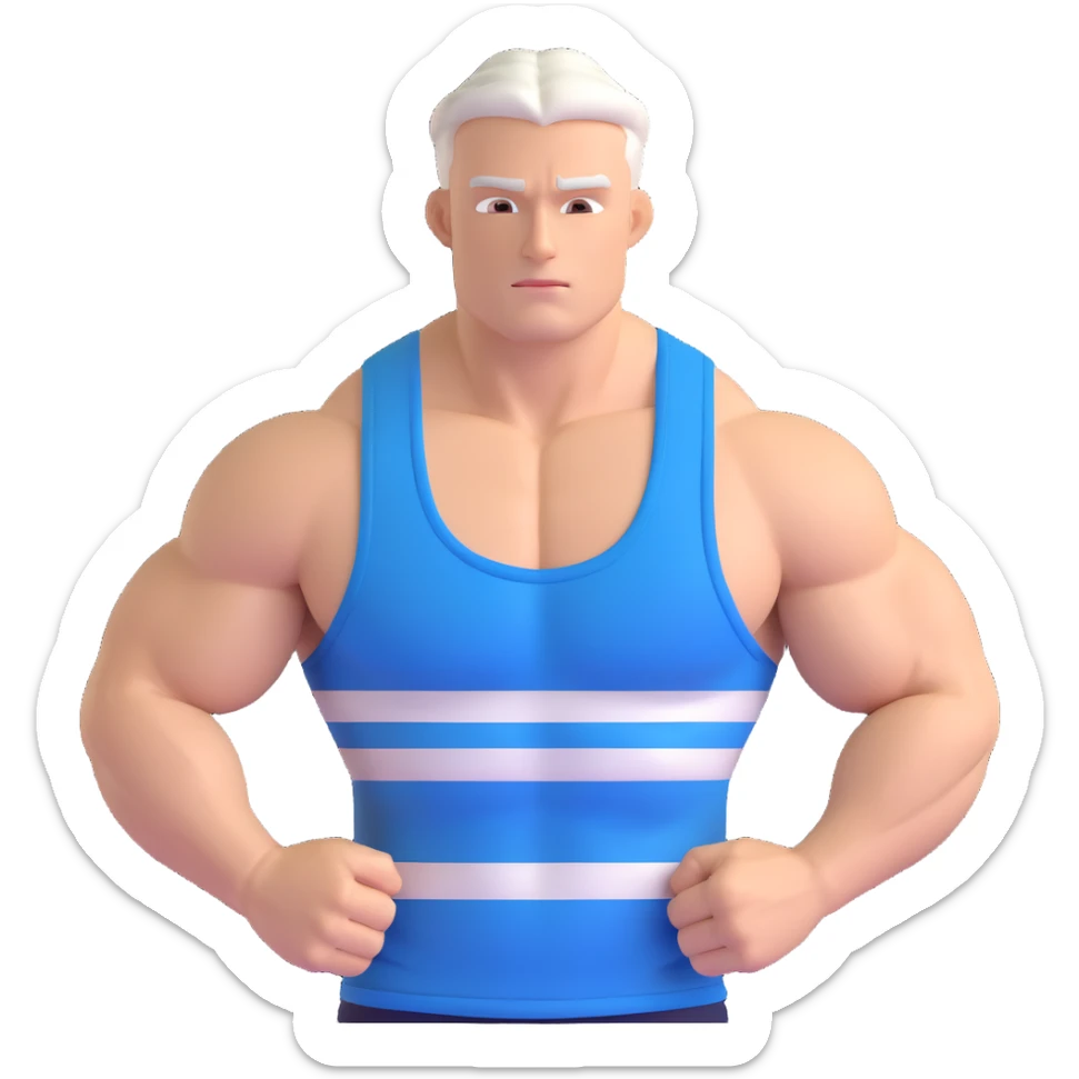 strong white male character in a blue and white striped tank top, showing muscles, simple background sticker
