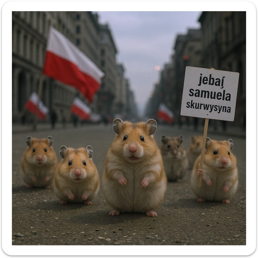 Cinematic shot of a group of hamsters takes over polish sejm. some of them has signs with "jebać samuela skurwysyna". sticker