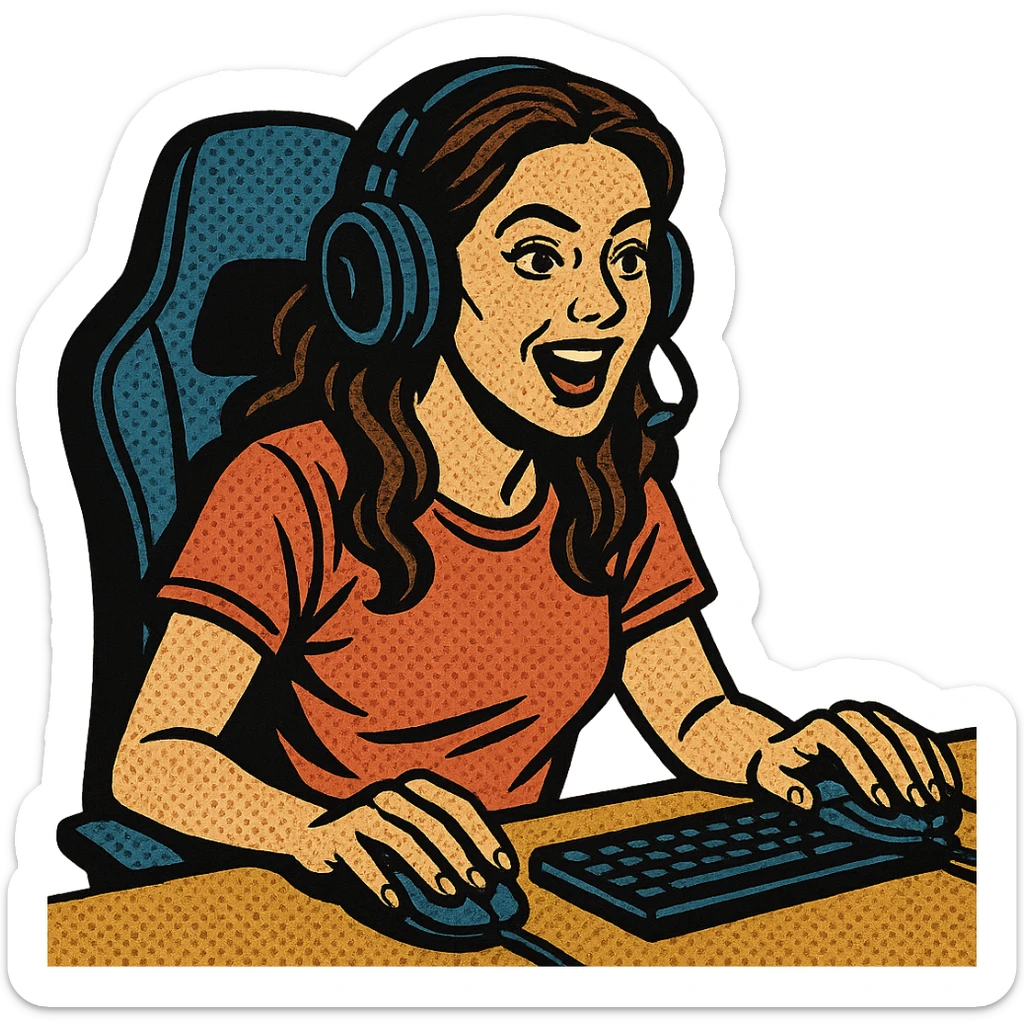 female streamer with headphones and a gaming chair, old school comic book style sticker