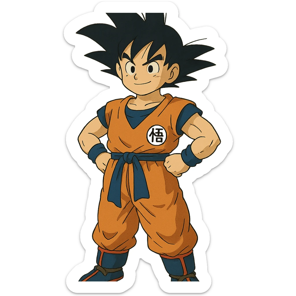 Goku in anime style, spiky hair, orange gi, confident pose sticker