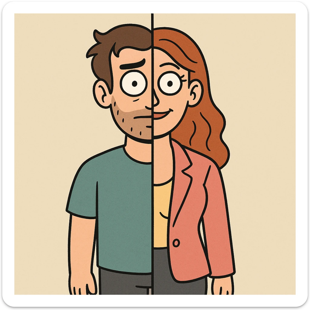 cartoon character with one half male and one half female, distinct clothing and hairstyle on each side, plain minimal background sticker