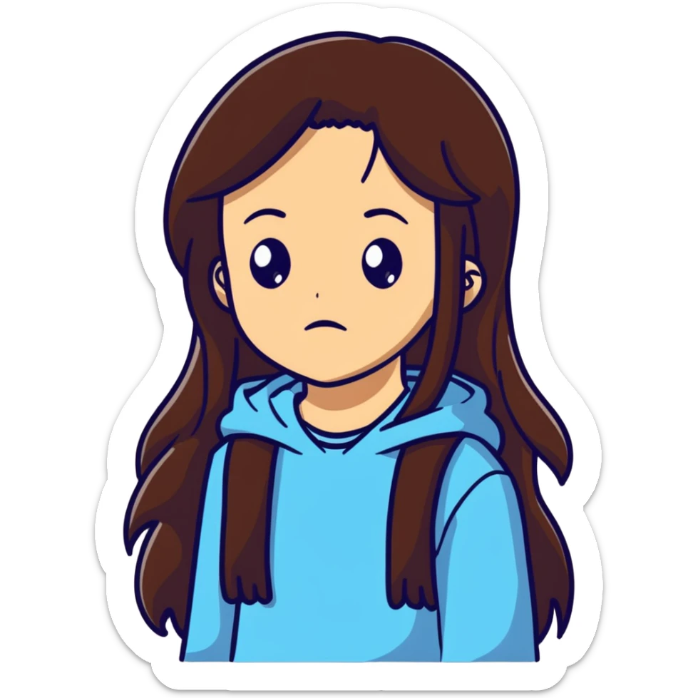 Teenage girl with long brown hair and sad expression, Hannah Baker character sticker