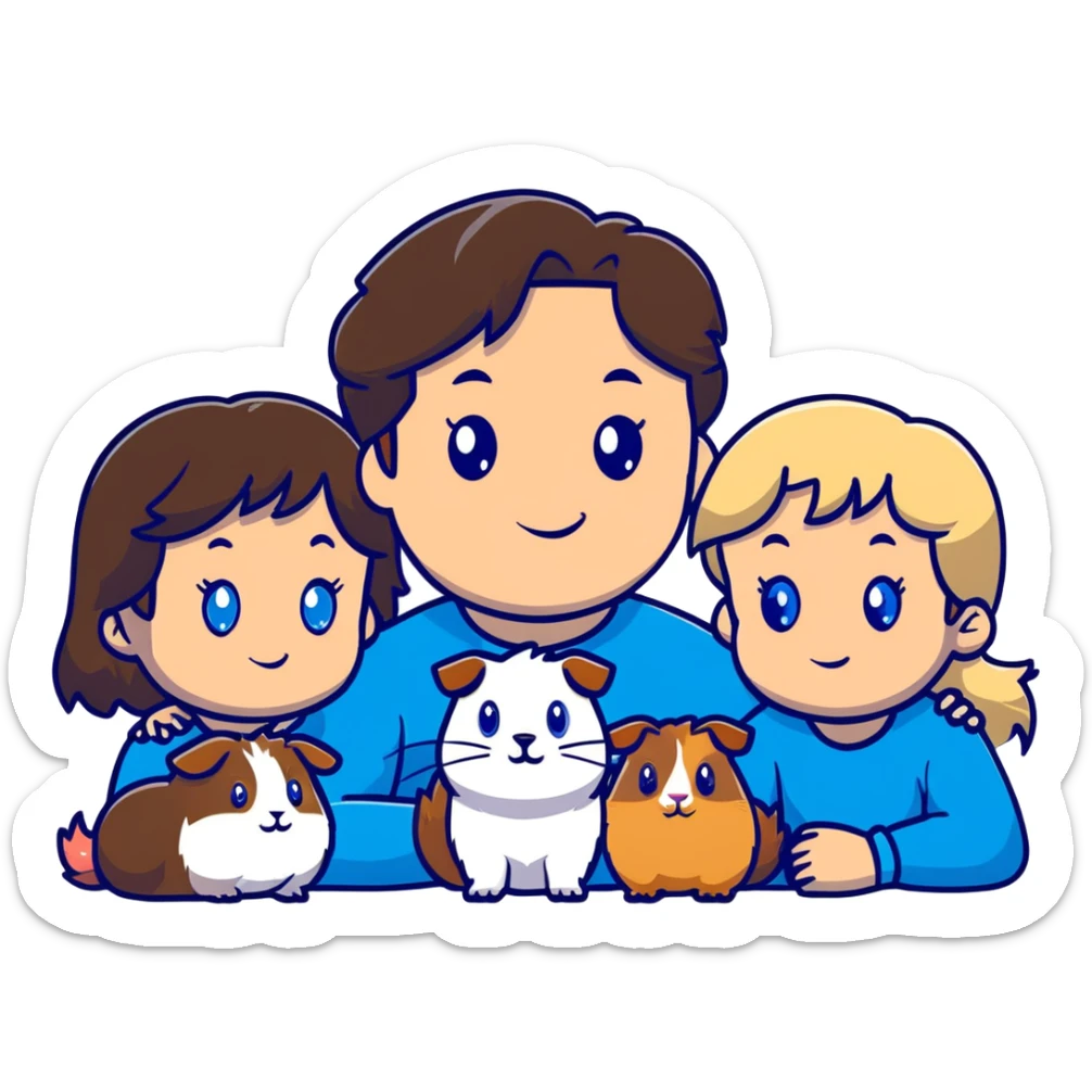 Family portrait with father with dark brown hair and blue eyes, mother with light brown hair and blue eyes, three blonde little girls with blue eyes, plus a grey cat and two guinea pigs sticker