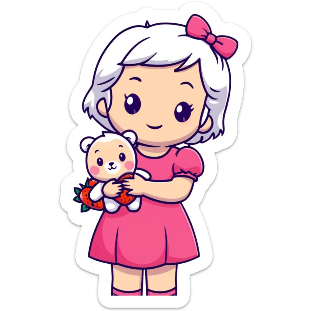 girl with white hair holding a strawberry wearing a pink dress holding a teddy bear sticker