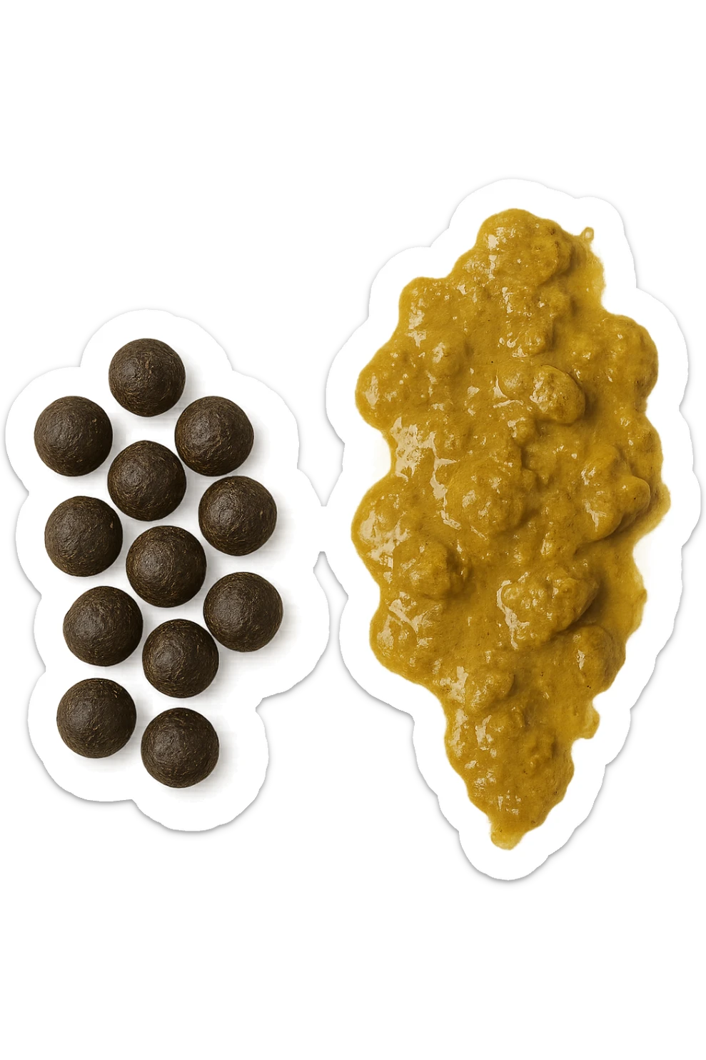 feci di animale a palline viste dall'alto e feci di animale liquide e gialline viste dall'alto, iperrealistico 4k sticker