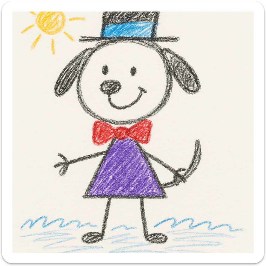 a dog with a top hat and bow tie, playful illustration, hand drawn children's illustration style sticker