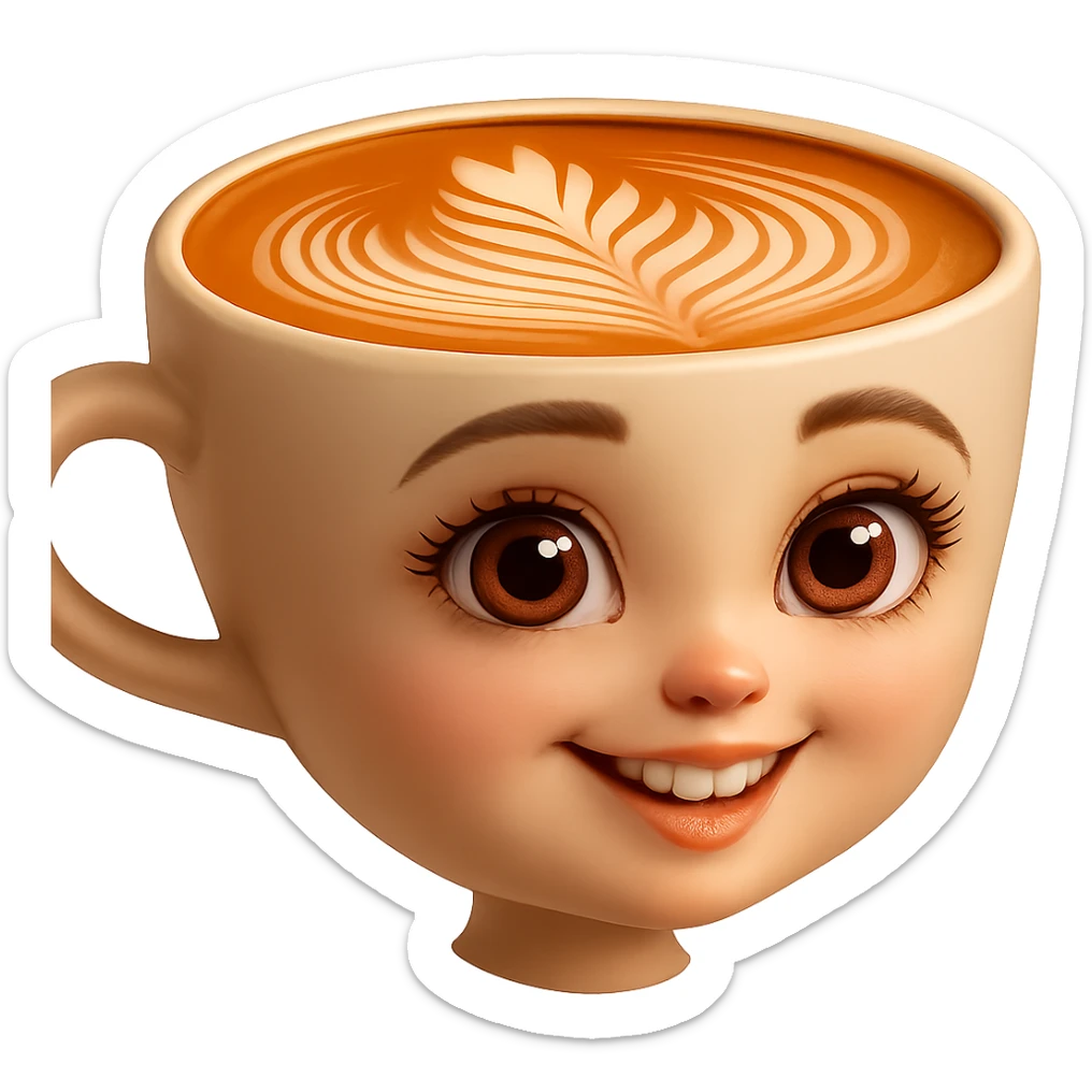 Edita la imagen para que el personaje de la taza de café  MANTENGA exactamente su estilo original,  y colores según la imagen de referencia. ELIMINA FONDO PARA QUE QUEDE TIPO EMOJI NO DBE TENER CUELLO.EL AZA O MANGA DE LA TAZA  DEBE SER COMPLETAMENTE VISIBLE sticker