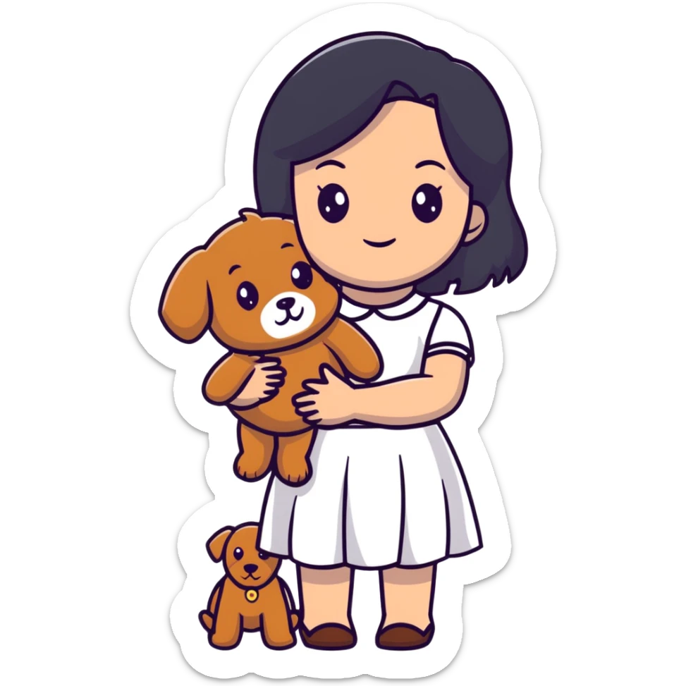 beautiful girl with long straight black hair wearing a white skirt holding a small brown curly teddy dog sticker