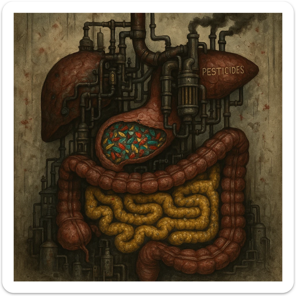 medical horror illustration of a human digestive system as a factory, stomach filled with colorful microplastic shards, liver with clogged pipes overwhelmed by pesticide filters, intestines paved with yellow preservative sludge, unsettling clinical details, disturbing atmosphere sticker