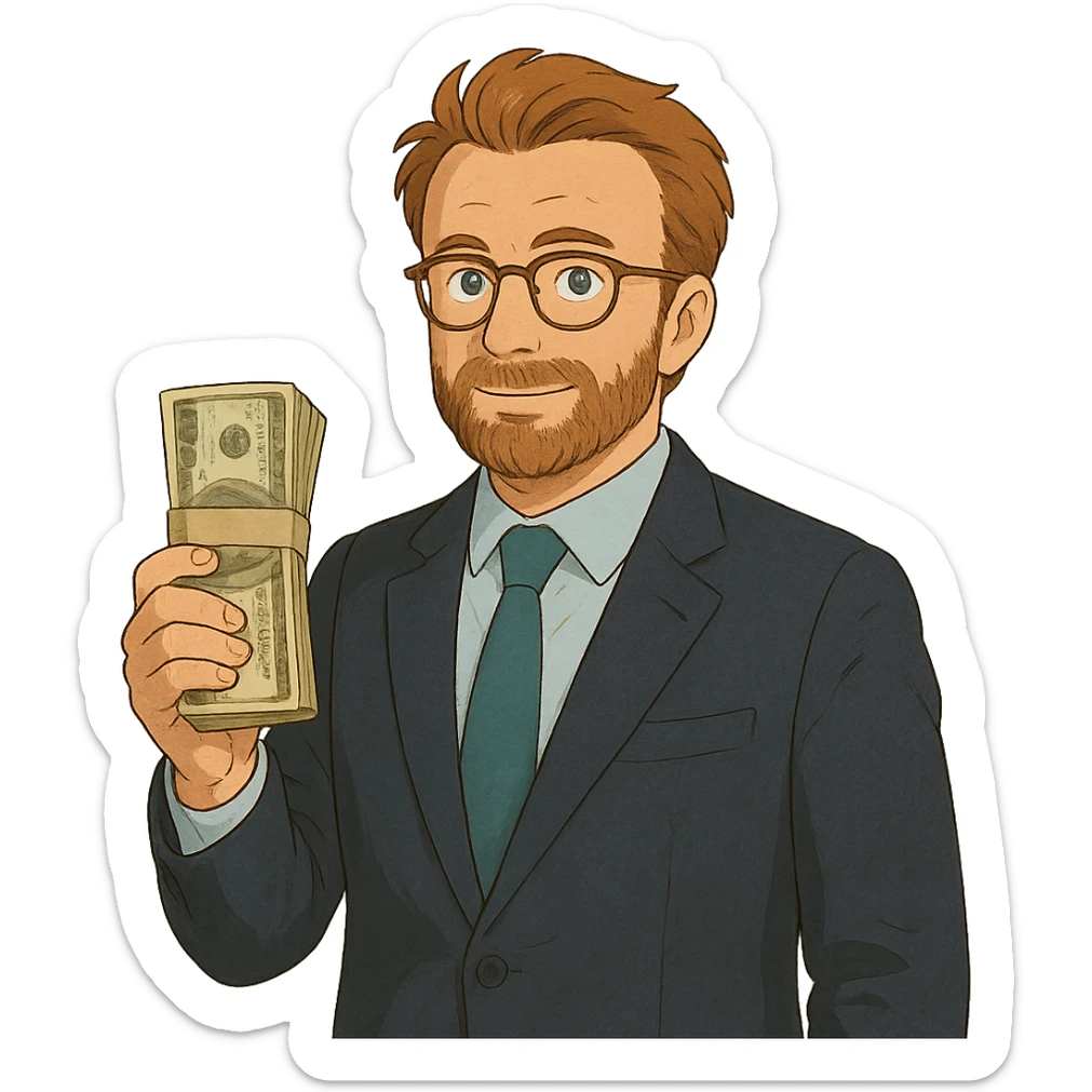 ghibli style Nikolai Astrup, Norwegian politician, holding a pack of money in his hand sticker