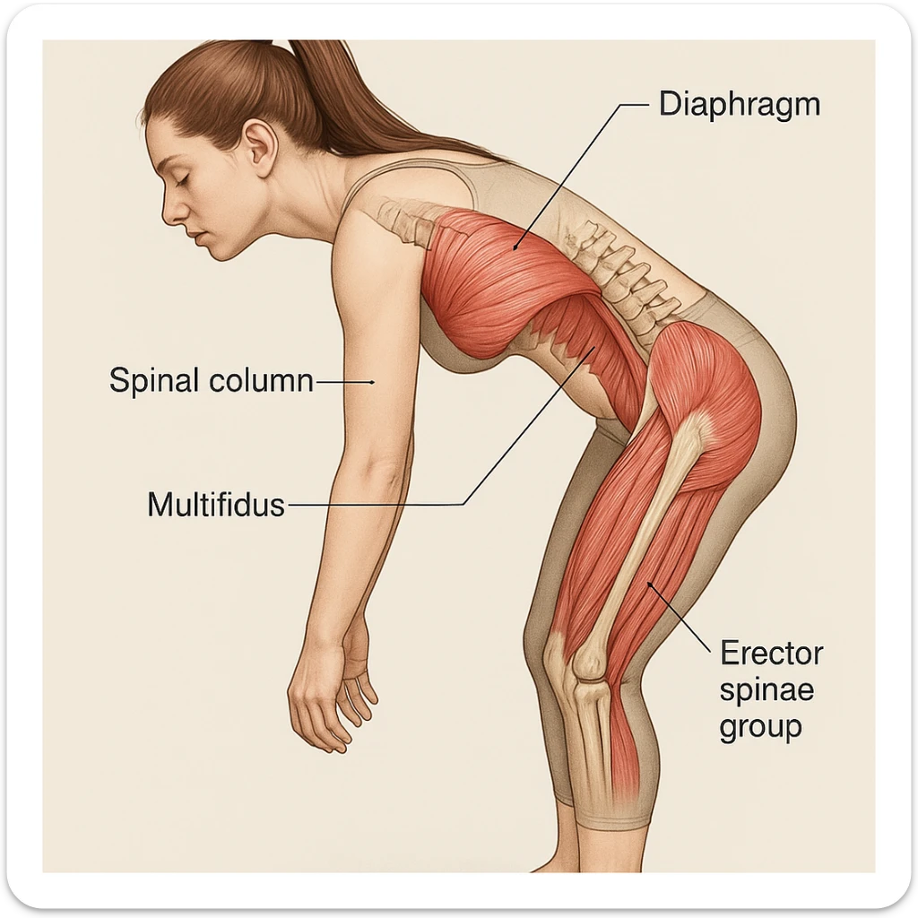 Anatomical illustration of the girl in this position focusing on the diaphragm, spinal column, and postural muscles in a medical style. sticker