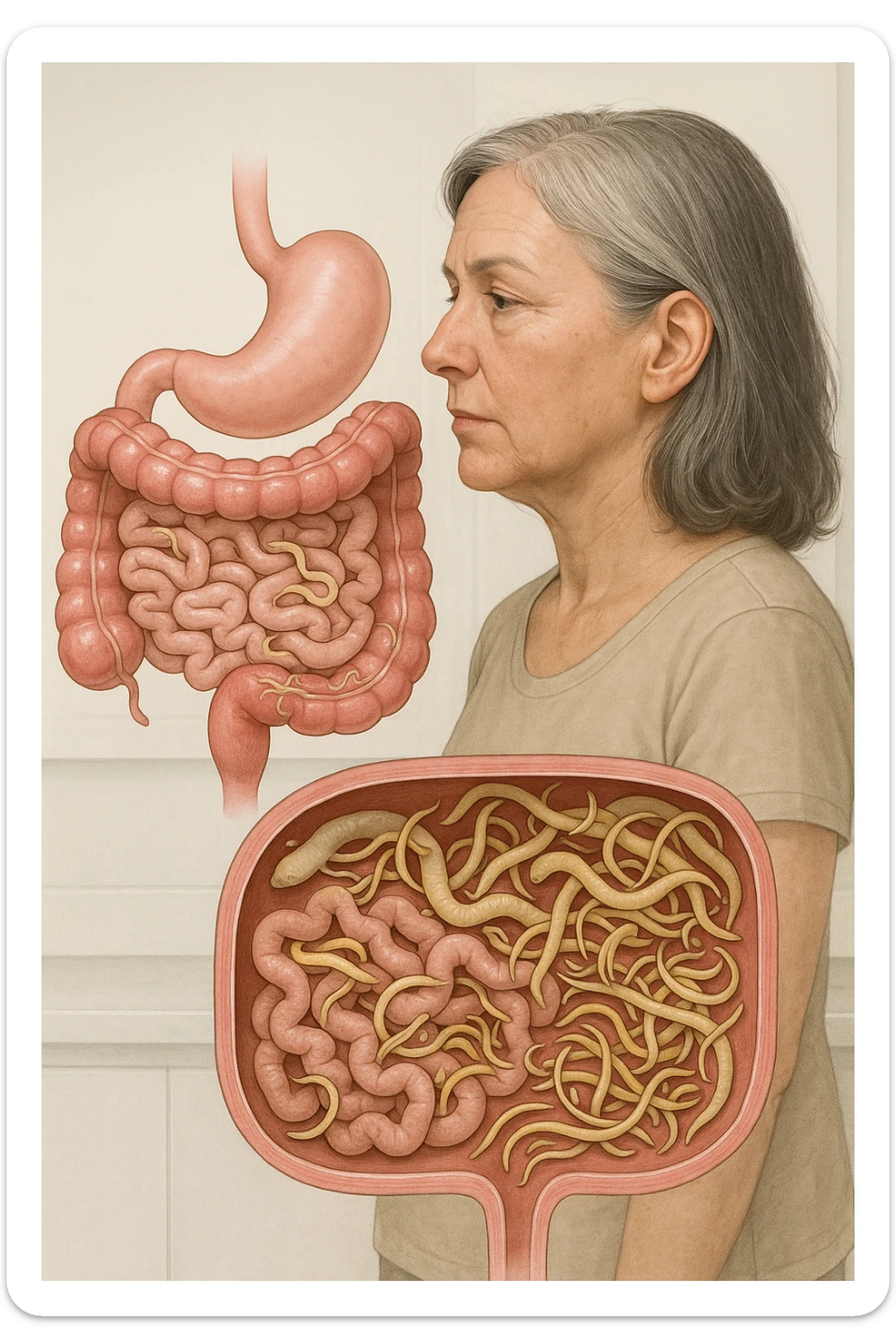Donna in menopausa con intestino ricco di parassiti intestinali. Immagini realistiche sticker