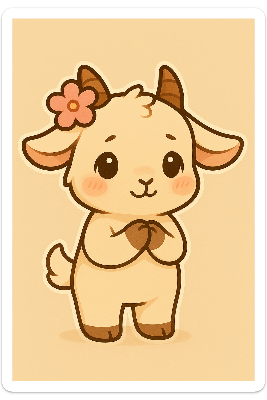 Add a little pink flower in front of one horn of the chibi goat. Make the chibi goat look up at the viewer with shy eyes, keeping the bashful and shy pose, slight blush, hands together in front, both legs on the ground. Keep a simple background. sticker