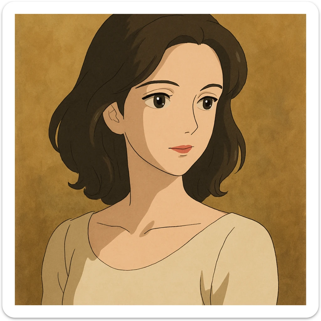 tasteful portrait of a brunette woman, soft lighting, elegant expression, color illustration, ghibli style sticker
