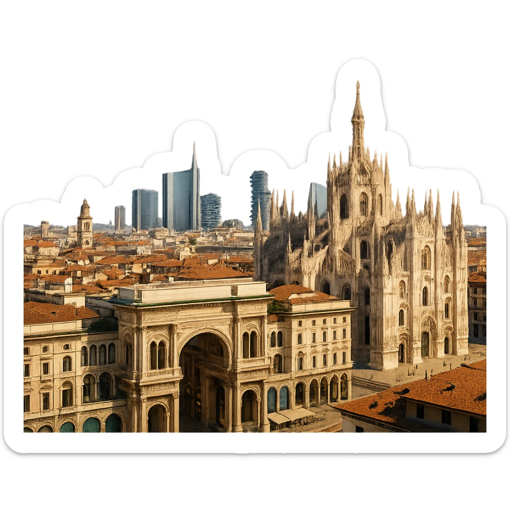 cinematic, realistic emoji of Milan, wide city view with iconic landmarks including Milan Cathedral (Duomo di Milano), Galleria Vittorio Emanuele II, modern Porta Nuova skyline, lifelike detail, accurate colors, bright daytime lighting, no sky, no clouds, fully transparent background sticker