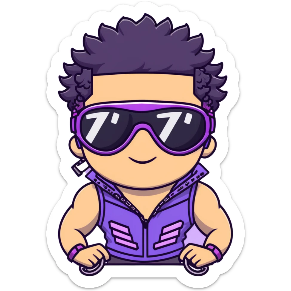 male athlete with white skin and moderately curly black hair on top with shaved sides, wearing ski goggles with purple frames and very dark black lenses, a simple plain black chain necklace, and a completely unzipped sleeveless vest with purple and black sequin fire pattern design, fully revealing his chest, shoulders and arms, no earrings sticker