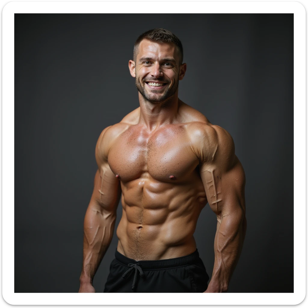realistic 4K photo of a crossfit male athlete with athletic and proportionate physique, glowing skin, visible muscles, natural lighting, gym background, smiling sticker