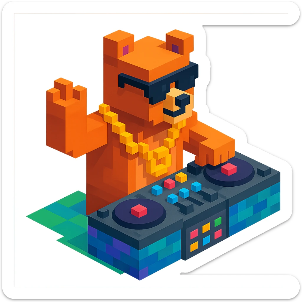 Russian grizzly bear with a rapper chain, posing with a DJ setup in a club scene sticker