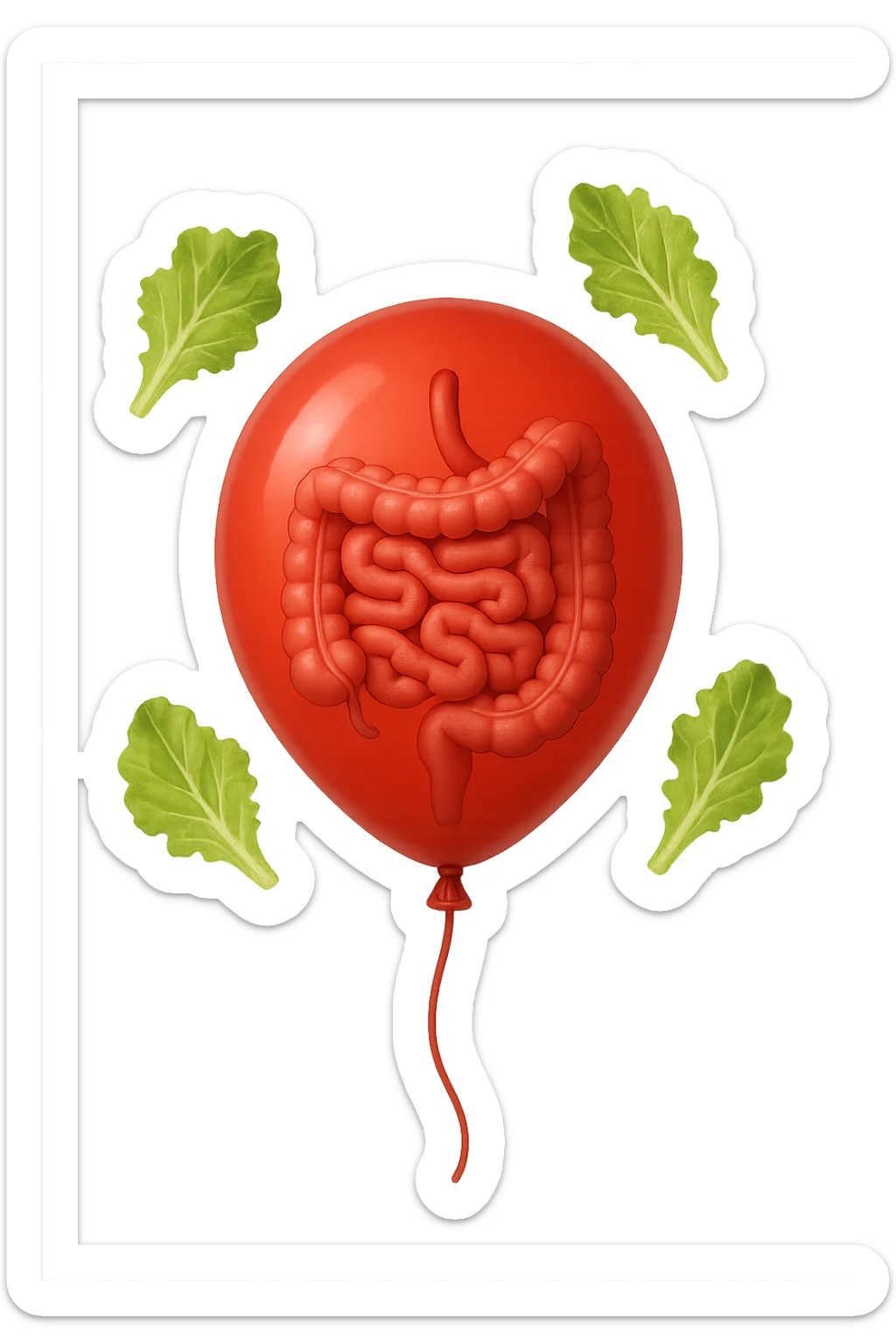 intestino chiuso in un palloncino rosso e foglie di insalata che fluttuano intorno sticker