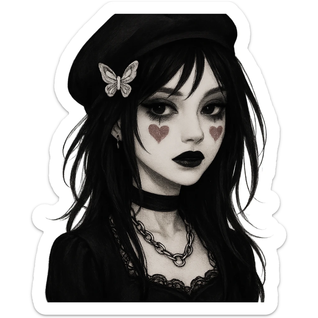 emo girl with beret, heart-shaped blush, butterfly hair clip, mysterious and elegant sticker