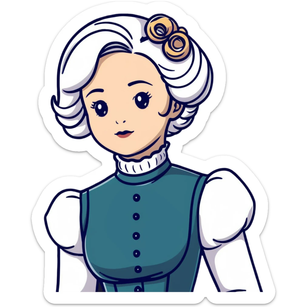 Victorian woman with white coiffed hair, modest turtleneck Victorian dress, and an awestruck expression sticker