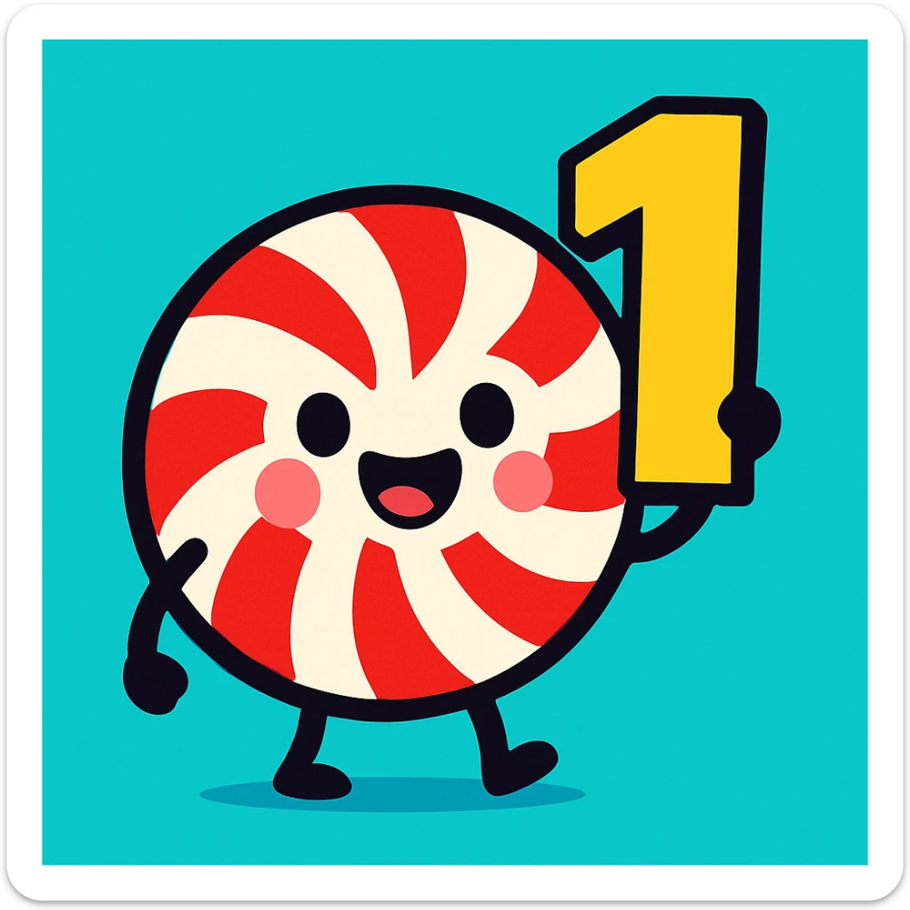adorable peppermint with a smiling face holding a number one, vibrant toon style sticker