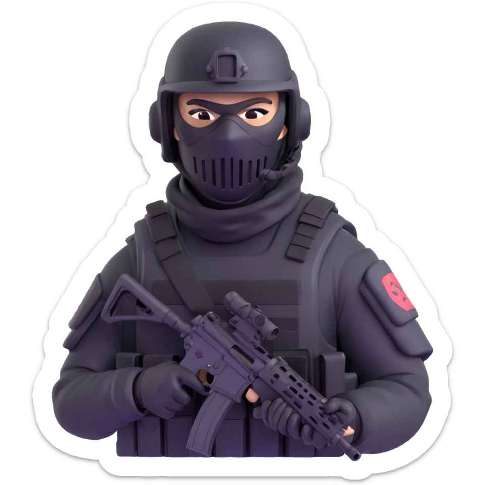 armed figure in all-black tactical gear, shiesty mask, helmet, holding a rifle sticker