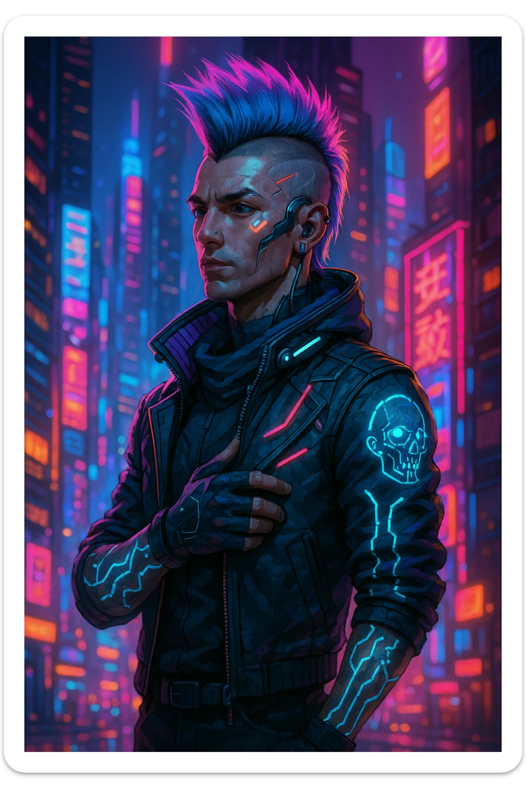 cyberpunk 2077 inspired character, neon lights, futuristic city, vibrant colors, mohawk hairstyle, tech accessories sticker