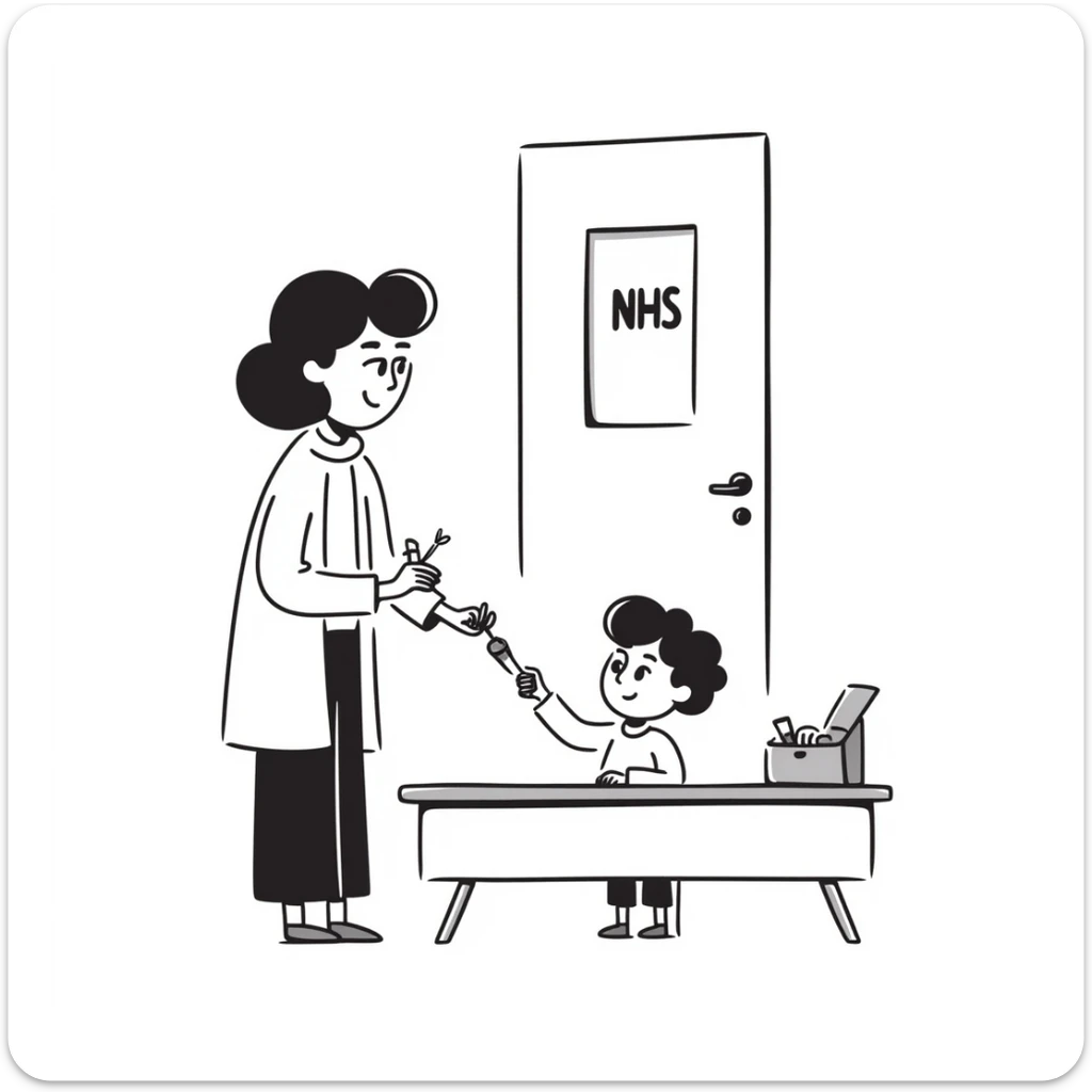 A 1960s doctor giving a measles vaccination to a happy child in a doctors surgery.  On the door is a sign that reads NHS sticker