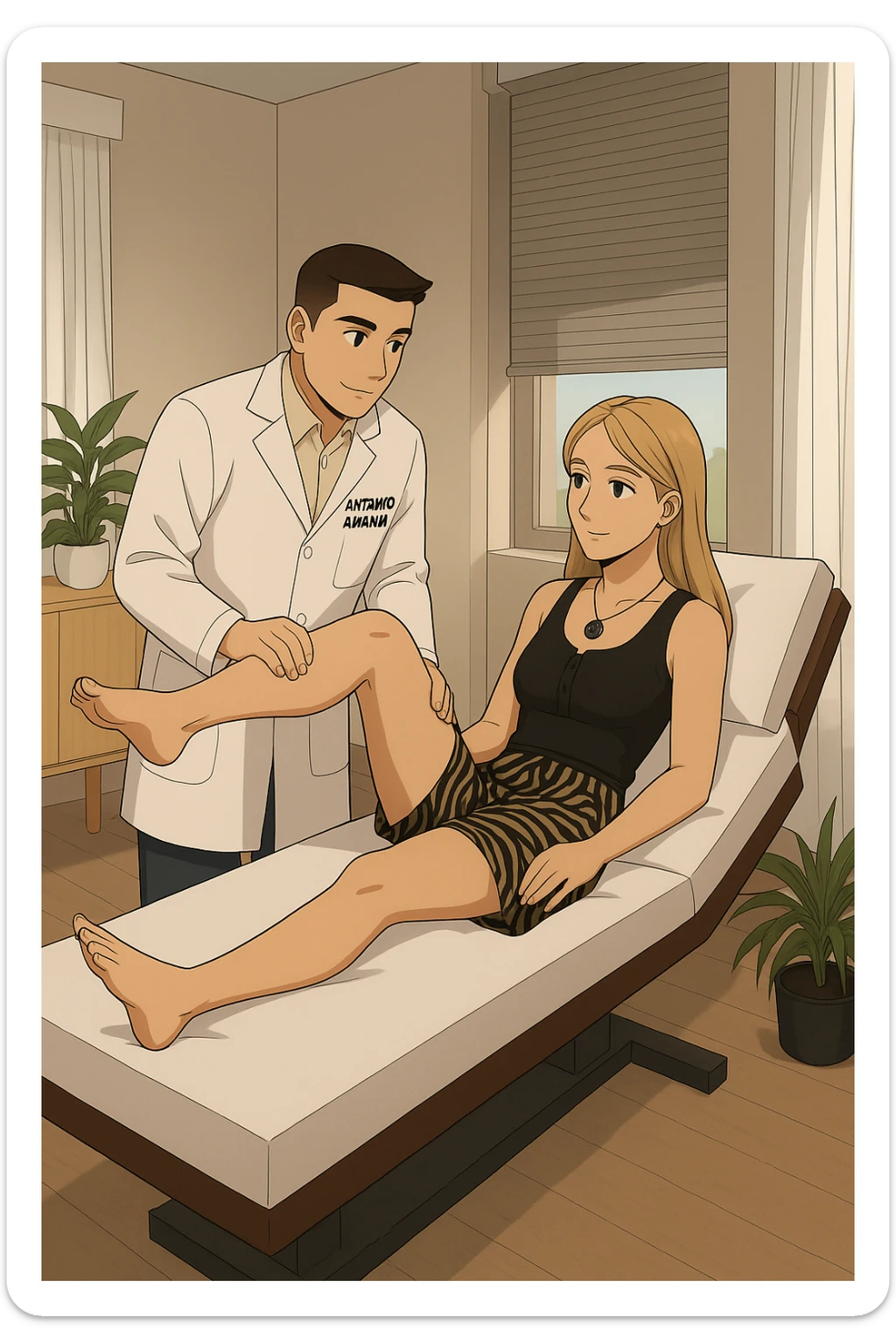 fai un webtoon/manga a colori con questo kinesiologo in camice bianco (fagli la scritta "ANTONIO ANANIA" SUL CAMICE) CHE SVOLGE UN TEST NEUROMUSCOLARE SOLLEVANDO UNA GAMBA ALLA RAGAZZA CHE è STESA SU UN LETTINO BIANCO. STANZA SEMPLICE E MODERNA, DURANTE IL TEST I DUE DIALOGANO TRA LORO. NON FARE I FUMETTI, FAI SOLO LORO COME SE DIALOGASSERO sticker