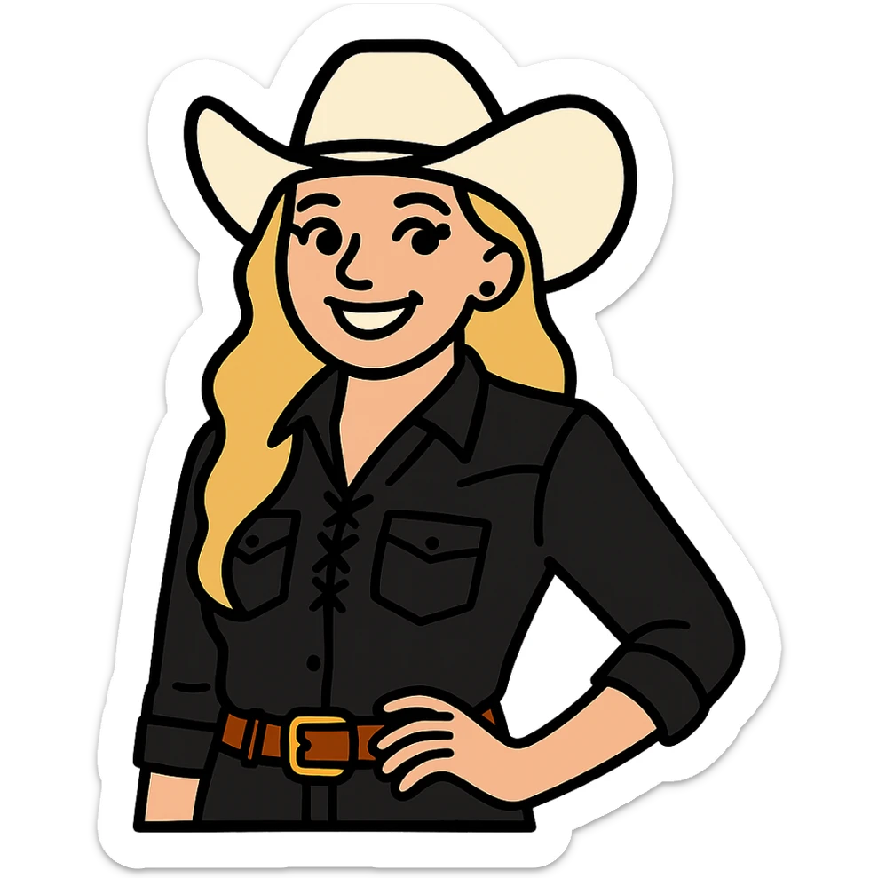 Make the cowgirl's skin lighter, hair lighter blonde, give her rounder cheeks, a big smile, longer eyelashes, and a black lace shirt. Keep the background transparent. sticker