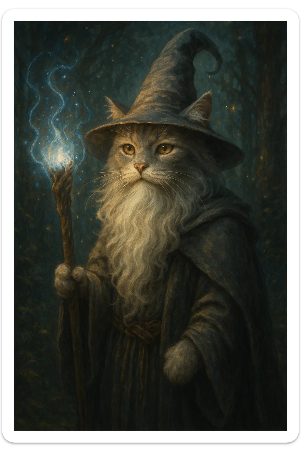 cat in the style of Gandalf, wearing a wizard hat and holding a staff, magical fantasy style sticker