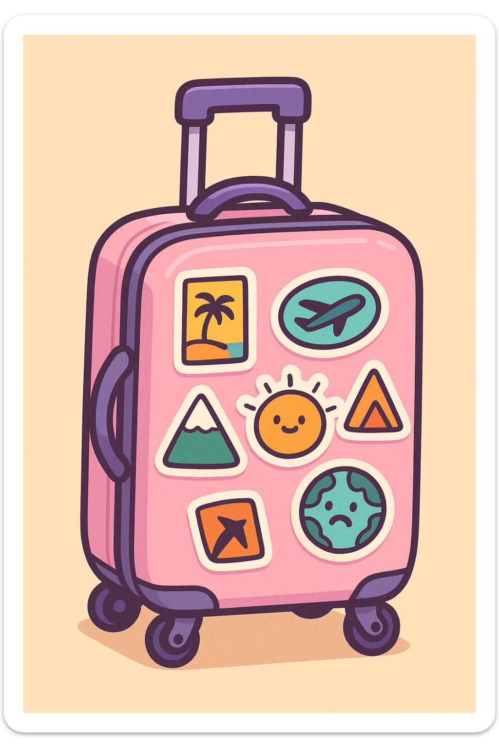 pink and purple rolling suitcase with unique travel stickers, thick line art, flat pastel colors, graphic shadows and highlights, white sticker outline, cute cartoon style, variation 4 sticker