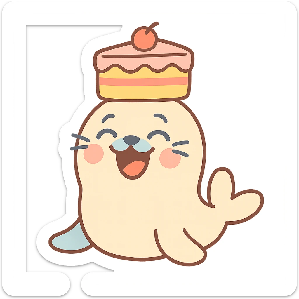 cutie baby seal balancing cake on head with laughing face in pastel-toon style sticker