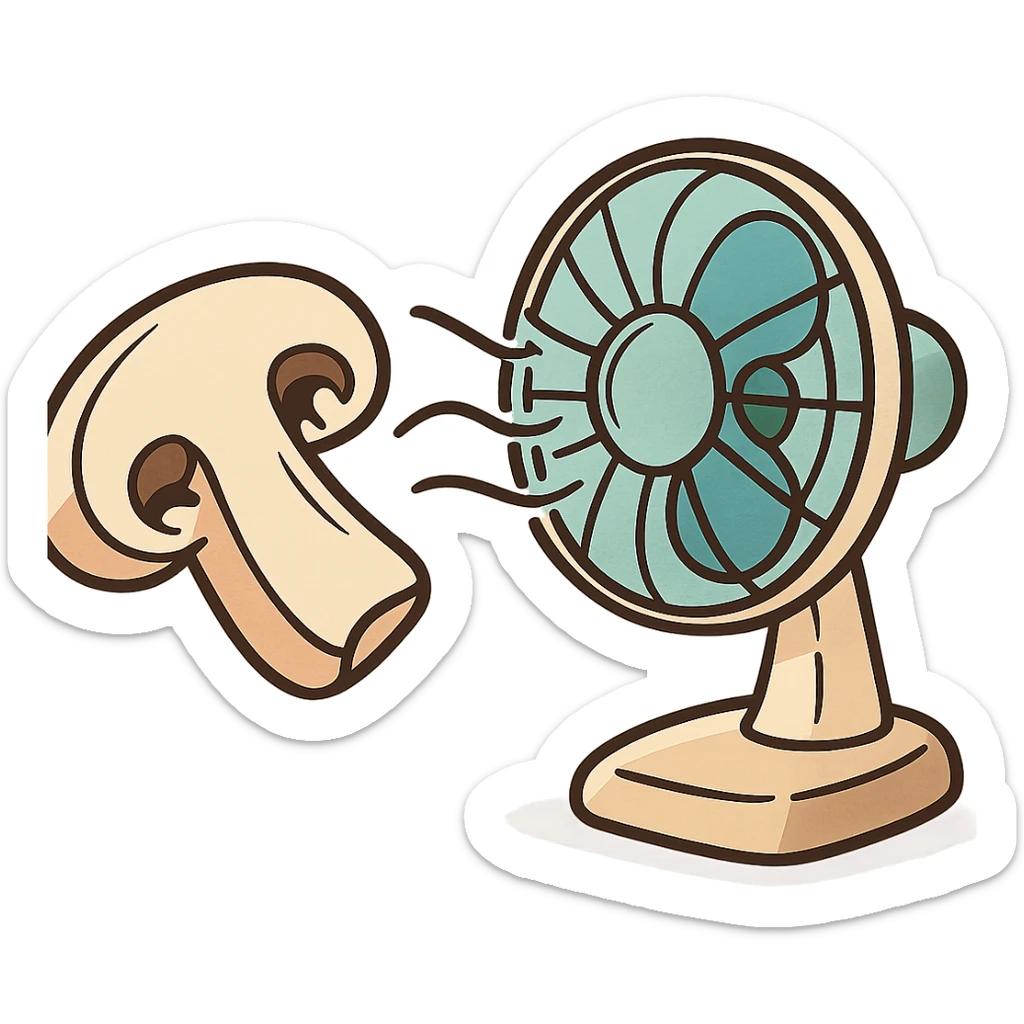 a cartoon style illustration of a sliced mushroom in front of a blowing fan with air movement lines sticker