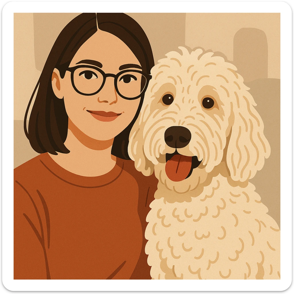 modern illustration of brunette female with glasses and her cream colored goldendoodle sticker