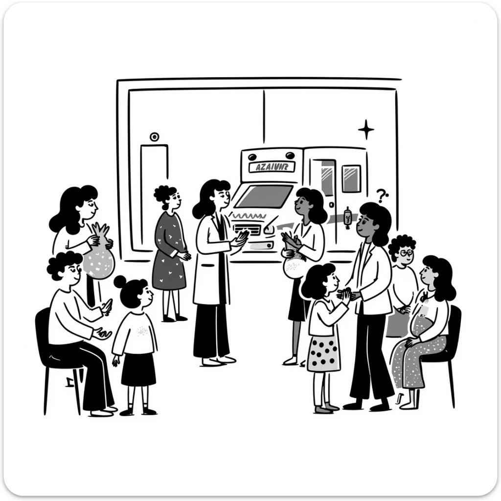 An NHS Doctor Surgery with nurses, children, pregnant women, vaccinations and a window with an ambulance outside sticker