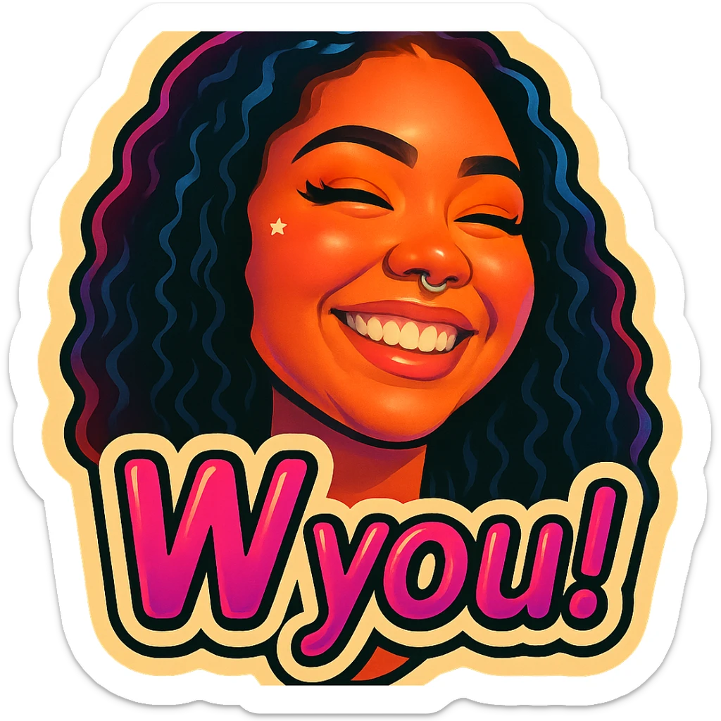 excited smile with mouth closed 
add the words W You! in pink sticker